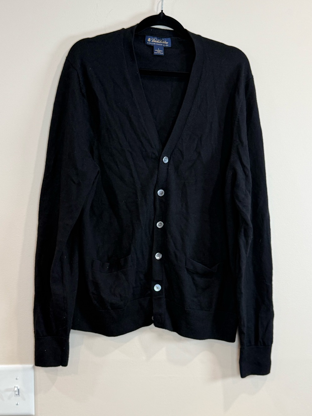 🔥Brook Brothers Black Button-Front Cardigan Sweater 100% Merino Wool Size L EC🔥